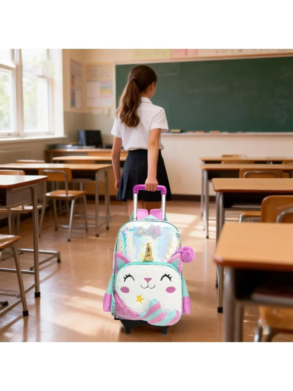 Cute Girls' Rolling Backpack for Kids - Black Travel Luggage for School & Play